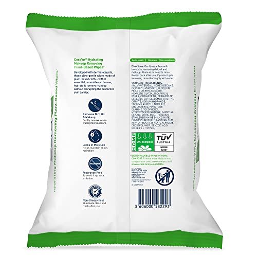 CeraVe Makeup Remover Wipes, Plant Based Face Wipes, Biodegradable in Compost, Waterless Face Wash, Travel Essentials for Women, Suitable for Sensitive Skin, Fragrance-free + Non-comedogenic, 25ct