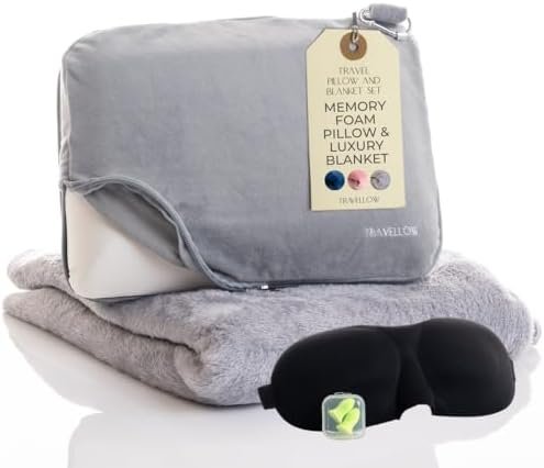 41fRG5gtisL._AC_.jpg Travel Pillow and Blanket Set - 4-in-1 Ultimate Travel Kit with Memory Foam Pillow, Travel Blanket, Sleep Mask, and Earplugs-Ultimate Comfort and Coziness for Your Journeys - Grey