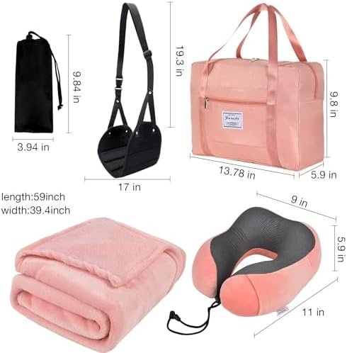 41fih2LJZYL._AC_.jpg Travel Pillow and Blanket Set & Foot Rest, Memory Foam Neck Pillow Airplane Blanket & Airplane Foot Hammock & Foldable Duffel Bag, Eye Mask & Earplugs, Portable Travel Accessories Essentials, Pink