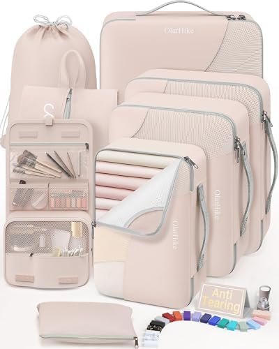 41gjm4ydIQL._AC_.jpg 10 Set/8 Set Packing Cubes for Travel, Gifts for Women Mom,Anti-Tearing Suitcase Organizer for Luggage with Shoe & Hanging Toiletry Bag,OlarHike Vacation Essentials & Accessories for Cruise Ship,Cream