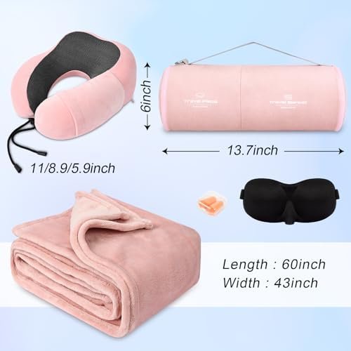 41i4FR264L._AC_.jpg Travel Pillow and Blanket Set Neck Pillows Travel Essentials with Sleep Mask for Airplane Car Memory Foam Pink