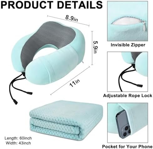 41iCqb8jrUL._AC_.jpg Travel Pillow and Blanket Set Neck Pillow Airplane Memory Foam for Traveling Compact with Bag Blue Green