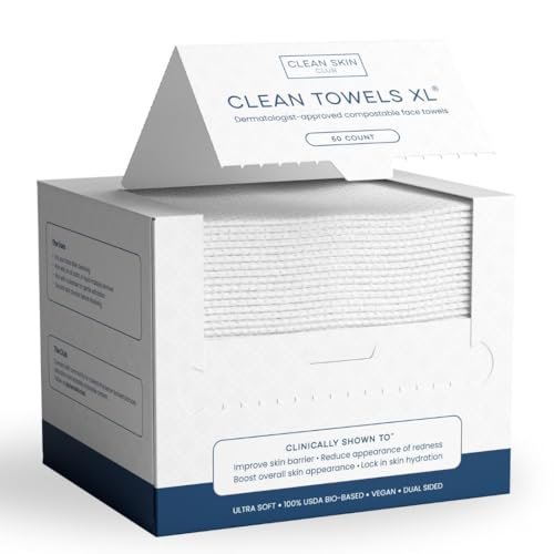 41jWxMhsPTL.jpg Clean Skin Club Clean Towels XL®, 100% USDA Biobased Face Towel, Disposable Face Towelette, Eczema Association Accepted, Makeup Remover Dry Wipes, Ultra Soft, 50 Count