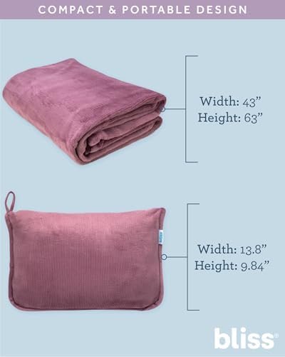Bliss Faille Travel Pillow Blanket - 2-in-1 Lightweight Compact Airplane Camp Pillow and Blanket Set for Travelling, Size Small, Mauve
