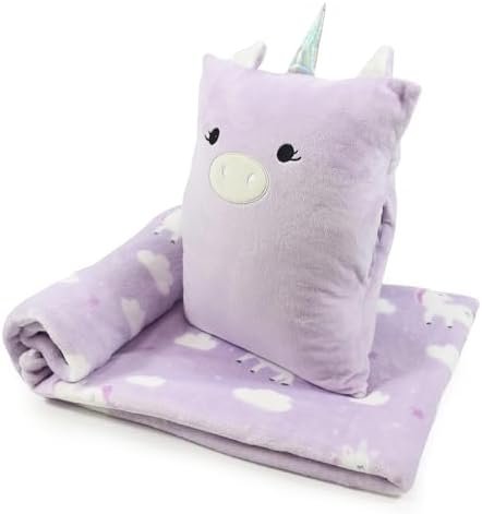 41liPAcuAhL._AC_.jpg 3-in-1 Kids Travel Blanket and Pillow Set, Snuggle Pillow with Hand Warmer, 40x60 inches Unicorn Blanket for Girls Compact, Perfect for Travel, Camping, Home and Office