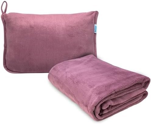 41nzHxhpitL._AC_.jpg Bliss Faille Travel Pillow Blanket - 2-in-1 Lightweight Compact Airplane Camp Pillow and Blanket Set for Travelling, Size Small, Mauve