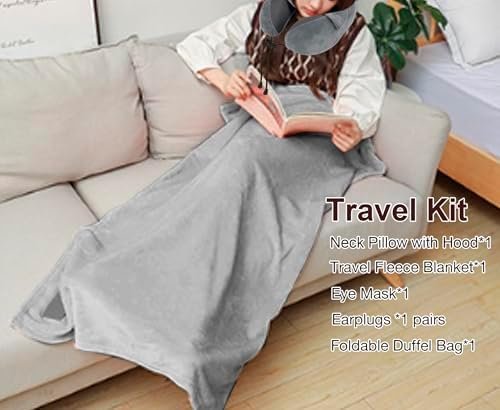 Travel Blanket Pillow Set - Travel Neck Pillow & Blanket for Airplane, Thick Fleece Plane Blankets, Hooded Memory Foam Neck Pillows, Foldable Duffel Bag, Sleep Mask, Earplugs for Plane Traveling