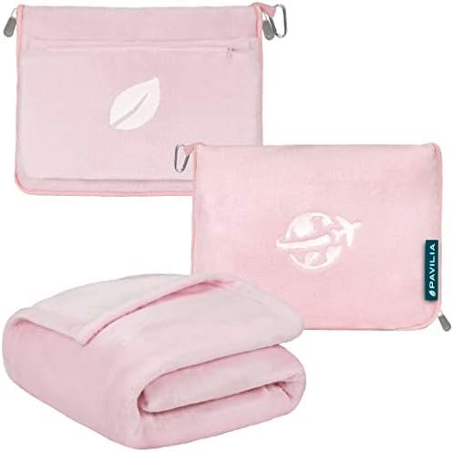 41pbcD9MZML._AC_.jpg PAVILIA Travel Blanket and Pillow, Arms Opening Airplane Blankets for Adults, Compact Plane Blanket with Arm Hole 2-in-1 Bag for Flight Car Camping Fit in Luggage Backpack Traveler Gift, Pink