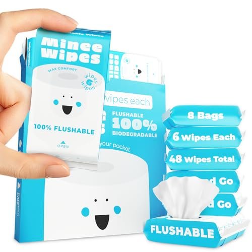 41sgofWG2L.jpg Impossibly Compact Travel Flushable Wipes with Natural Extracts - Skin-Friendly Travel Essentials, Hypoallergenic & Unscented Travel Size Wipes for Adults, Kids & Baby Care - 8 Pack Total 48 Wipes