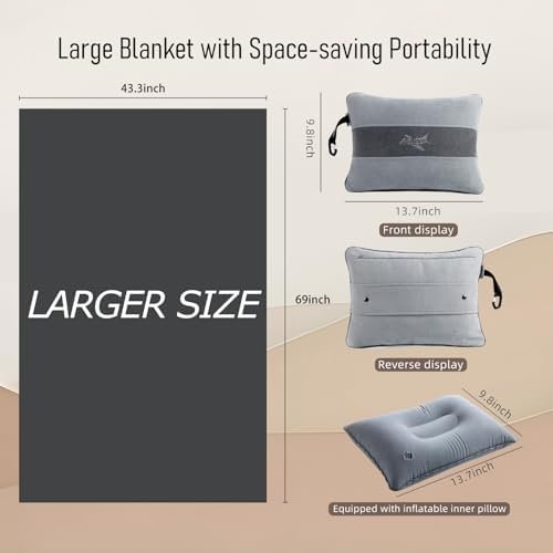 41t5FnL2RHL._AC_.jpg Melissa Large Travel Blanket and Inflatable Pillow Set - 69“ x 43.3” – Soft Blanket with Carry Bag – Lightweight, Compact & Washable for Backpacking, Hiking, Car, Airplane, Office, Camping (Gray)