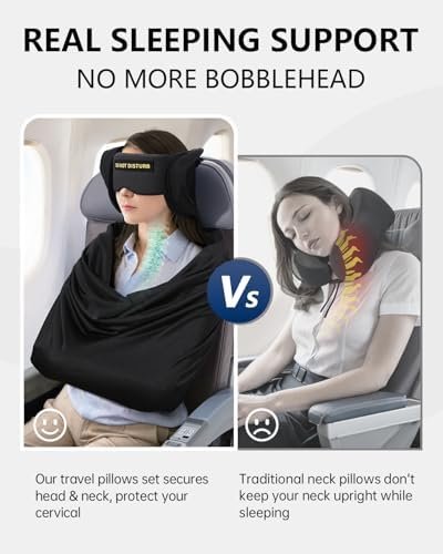 Travel Pillow and Blanket Set, Compact Airplane Pillow Bag with Eye Mask for Long Flights Sleeping, 360° Support Head Strap Travel Essentials for Plane Car Sleep Neck Upright, Stop Bobblehead (Black)