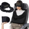 Travel Pillow and Blanket Set, Compact Airplane Pillow Bag with Eye Mask for Long Flights Sleeping, 360° Support Head Strap Travel Essentials for Plane Car Sleep Neck Upright, Stop Bobblehead (Black)