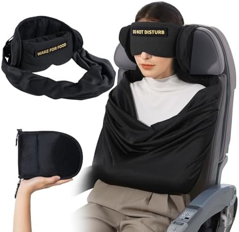 41tyfitALAL._AC_.jpg Travel Pillow and Blanket Set, Compact Airplane Pillow Bag with Eye Mask for Long Flights Sleeping, 360° Support Head Strap Travel Essentials for Plane Car Sleep Neck Upright, Stop Bobblehead (Black)