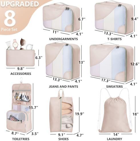 41uH2G8WvwL._AC_.jpg 10 Set/8 Set Packing Cubes for Travel, Gifts for Women Mom,Anti-Tearing Suitcase Organizer for Luggage with Shoe & Hanging Toiletry Bag,OlarHike Vacation Essentials & Accessories for Cruise Ship,Cream