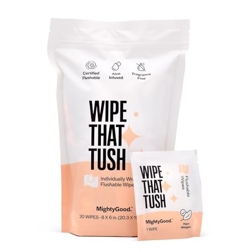 41vPC-oGQHL.jpg MightyGood. Wipe That Tush On-The-Go Flushable Wet Wipes - 1 Pack, 30 Wipes - Individually Wrapped Extra-Large Wipes with Aloe - Hypoallergenic & Unscented - Septic and Sewer Safe