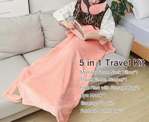 41wkUsCZfaL._AC_.jpg Travel Pillow and Blanket Set & Foot Rest, Memory Foam Neck Pillow Airplane Blanket & Airplane Foot Hammock & Foldable Duffel Bag, Eye Mask & Earplugs, Portable Travel Accessories Essentials, Pink