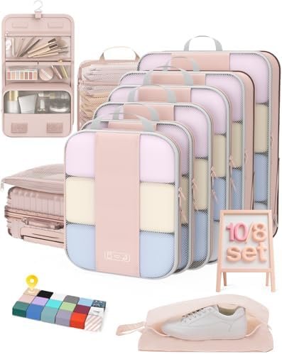 41wp3Azj3IL._AC_.jpg 10 Set Compression Packing Cubes for Travel Women Mom,OlarHike Luggage Clothes Storage Gifts for Travelers,Airplane/Cruise/Car/Train Travel Essentials,Compressible Expandable Saver Space Bags(Beige)