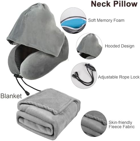 Travel Blanket Pillow Set - Travel Neck Pillow & Blanket for Airplane, Thick Fleece Plane Blankets, Hooded Memory Foam Neck Pillows, Foldable Duffel Bag, Sleep Mask, Earplugs for Plane Traveling