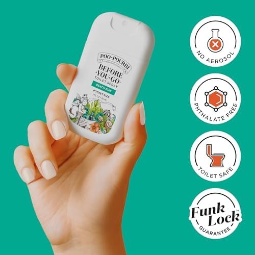 41zwwCHPTpL._AC_.jpg Poo-Pourri Before-You-Go Pocket Toilet Spray, Travel Essentials, Beach Bum, 1 Fl Oz, Up to 50 Uses, On-The-Go Bathroom Odor Deodorizer with Essential Oils, TSA Approved Size, Coconut Orchid Scent