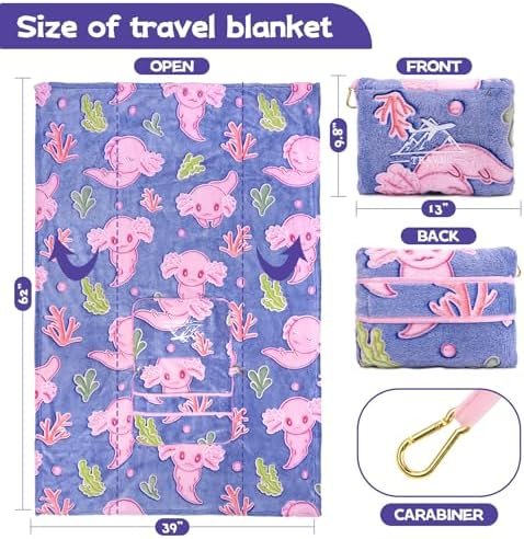 51eVlG9PL._AC_.jpg Axolotl Blanket for Airplane Travel - Glow in The Dark Kids Travel Blanket Pillow Set for Plane, Car - Axolotl Gifts Toys for Girls, Small Soft Purple Fleece Throw for Teens Girls 40" x 60"