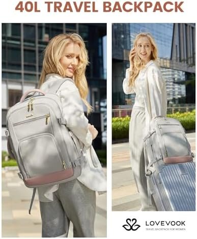 LOVEVOOK Travel Backpack For Women, 40L Carry On Backpack Flight Approved, TSA Personal Item Travel Bag Fits 17 Inch Laptop, Business Weekender Overnight Waterproof Daypack With 2 Cubes, Grey-Pink