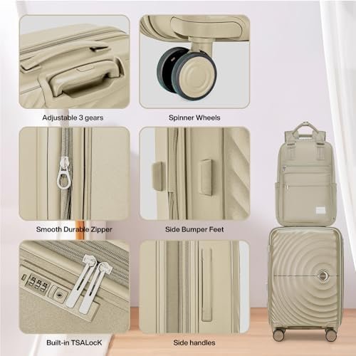 LARVENDER Carry On Luggage 22x14x9 Airline Approved, Expandable PP 20 inch Carry On Suitcases with Wheels, Lightweight Luggage Sets 3 Pieces for Women(CHAMPAGNE/20/BP/TB)