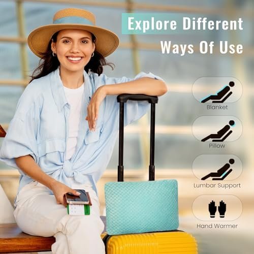 5112hfmo4IL._AC_.jpg Travel Pillow Blanket Set-3 in 1 Travel Pillow Memory Foam, Soft Travel Blanket Airplane Compact with Bag, Inner Pillowcase, Hand Luggage Belts and Backpack Clip, for Plane Car, Blue Green