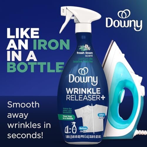 513JhK2NWQL._AC_.jpg Downy Wrinkle Releaser Spray All In One Wrinkle Release Spray Travel Size, Odor Eliminator, Static Remover Fabric Refresher & Ironing Aid for Clothes 3 Fl Oz (Pack of 2), Crisp Linen Scent