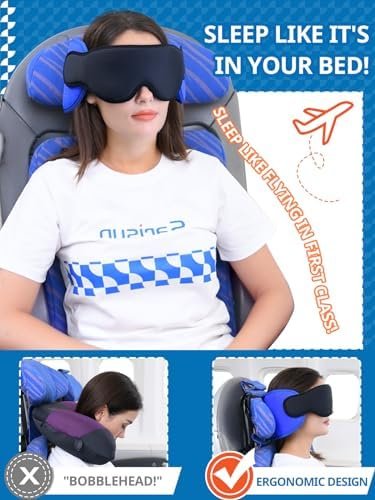 513MMn2pJWL._AC_.jpg Travel Pillows for Airplanes, Airplane Pillow for Long Flight, Airplane Head Strap with Eye Mask for Sleep, Travel Neck Pillow for Car Road Trip, 360° Support Headrest, Stop Bobblehead, Black