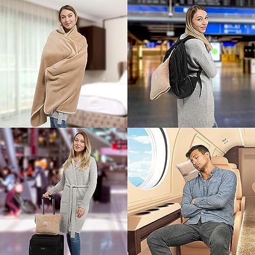 515WZ28CN6L._AC_.jpg BlueHills Premium Soft Travel Blanket Pillow Airplane Blanket Packed in Soft Bag Pillowcase with Hand Luggage Belt Backpack Clip Compact Pack Large Portable Flight Throw Beige T005