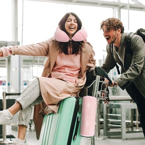 5184FYxQ7DL._AC_.jpg Travel Pillow and Blanket Set Neck Pillows Travel Essentials with Sleep Mask for Airplane Car Memory Foam Pink