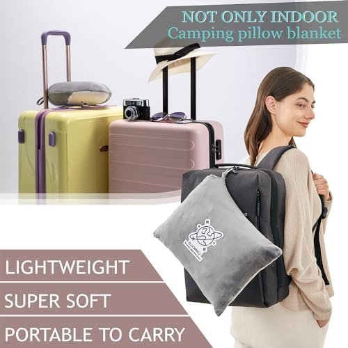 51A4x2Yep8L._AC_.jpg Commollis 2-in-1 Travel Blanket & Pillow for Airplane, Car, Train - Warm Compact Flight Blanket with Luggage Strap & Backpack Clip, Machine Washable, All-Season Use