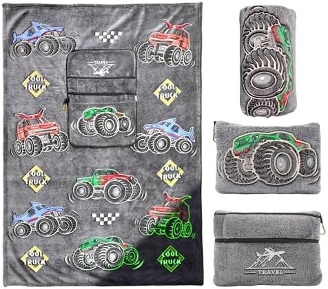 51D51dLr4HL._AC_.jpg HWING Truck Travel Blanket Pillow - Glow in The Dark Kids Travel Blanket Airplane Compact with Bag - Boys Trucks Toys Gifts, Airplane Blanket for Long Flights, Outdoor, Car, Camping 40"*60"