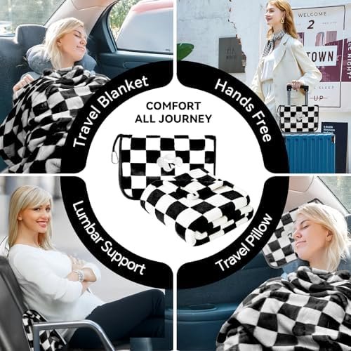 51E-XRR5OL._AC_.jpg Travel Blanket and Pillow Compact, Premium Soft 2 in 1 Airplane Blanket with Soft Bag Pillowcase,Hand Luggage Sleeve and Backpack Clip (Checkered Black)