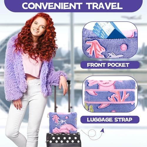 51GA9a6qYbL._AC_.jpg Axolotl Blanket for Airplane Travel - Glow in The Dark Kids Travel Blanket Pillow Set for Plane, Car - Axolotl Gifts Toys for Girls, Small Soft Purple Fleece Throw for Teens Girls 40" x 60"