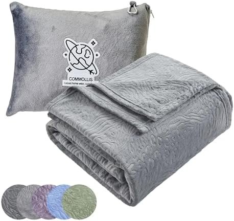 51GUXsFV2UL._AC_.jpg Commollis 2-in-1 Travel Blanket & Pillow for Airplane, Car, Train - Warm Compact Flight Blanket with Luggage Strap & Backpack Clip, Machine Washable, All-Season Use