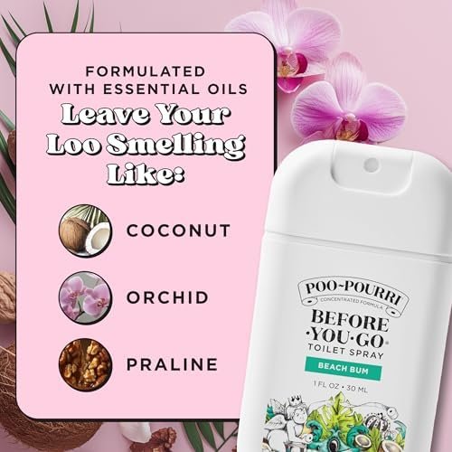 51HT1wFkxbL._AC_.jpg Poo-Pourri Before-You-Go Pocket Toilet Spray, Travel Essentials, Beach Bum, 1 Fl Oz, Up to 50 Uses, On-The-Go Bathroom Odor Deodorizer with Essential Oils, TSA Approved Size, Coconut Orchid Scent