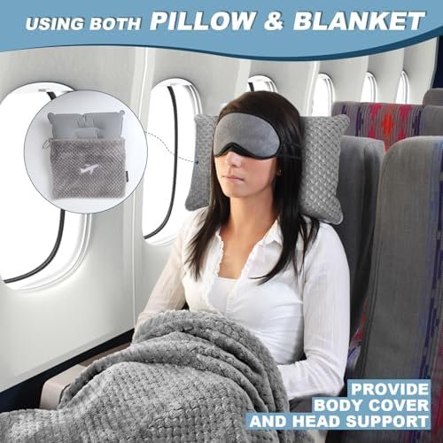 51HX8JpionL._AC_.jpg Travel Blanket Airplane Compact with Bag, Travel Essentials 3 in 1 Packable Airplane Blanket, Travel Pillow and Blanket Set, Inflatable Pillow, Luggage Sleeve & Backpack Clip (Light Grey)