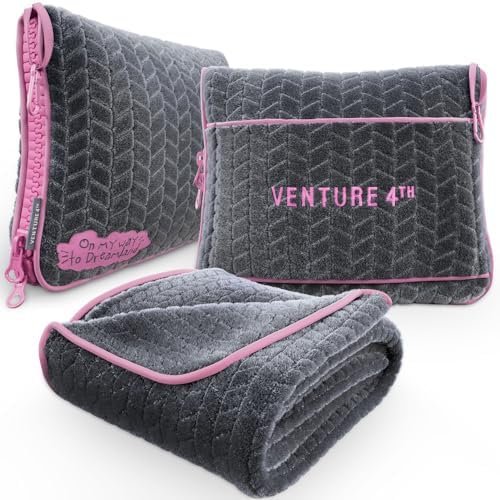 51HmGFcrhjL._AC_.jpg VENTURE 4TH Travel Blanket Pillow – Premium Ultra-Soft & Warm 2-in-1 Blanket or Pillow for Airplane, Car & Bus – Compact, Lightweight & Portable – Lint-Free, No Shedding, No Pilling - Gray/Pink
