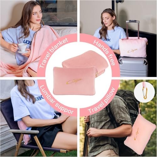 51HtpmULnEL._AC_.jpg Travel Blanket & Pillow Set, 300 GSM Soft Fleece-60x43 Inches, 3-in-1 Compact Airplane Blanket with Bag, Press-to-Inflate Pillow, for Long Trips with Luggage Sleeve & Backpack Clip (Pink)