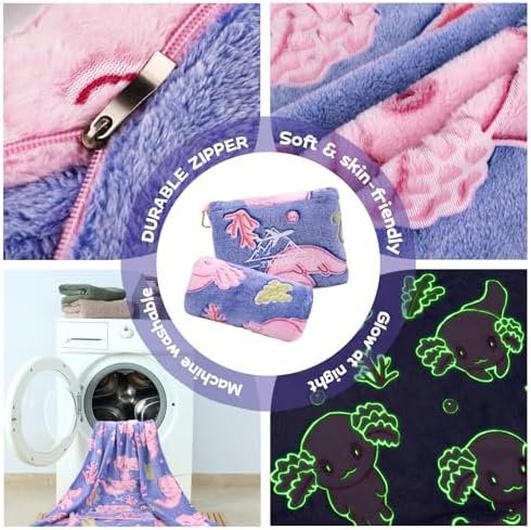51IzxsGooIL._AC_.jpg Axolotl Blanket for Airplane Travel - Glow in The Dark Kids Travel Blanket Pillow Set for Plane, Car - Axolotl Gifts Toys for Girls, Small Soft Purple Fleece Throw for Teens Girls 40" x 60"