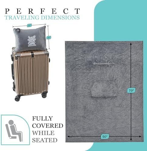51Jgfo6dqfL._AC_.jpg Commollis 2-in-1 Travel Blanket & Pillow for Airplane, Car, Train - Warm Compact Flight Blanket with Luggage Strap & Backpack Clip, Machine Washable, All-Season Use