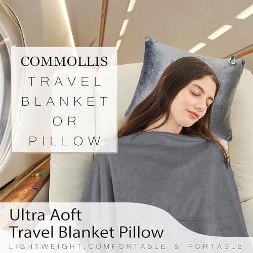 51KWc-GAZlL._AC_.jpg Commollis 2-in-1 Travel Blanket & Pillow for Airplane, Car, Train - Warm Compact Flight Blanket with Luggage Strap & Backpack Clip, Machine Washable, All-Season Use