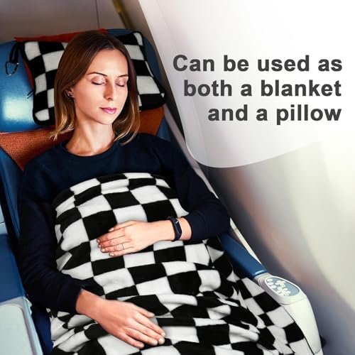 51LWozYfb1L._AC_.jpg Travel Blanket and Pillow Compact, Premium Soft 2 in 1 Airplane Blanket with Soft Bag Pillowcase,Hand Luggage Sleeve and Backpack Clip (Checkered Black)