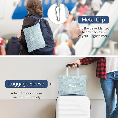 BEDELITE Travel Blanket with Bag, Ultra-Soft Jacquard Fleece Blanket with Luggage Sleeve & Backpack Clip, Airplane Blanket Travel Essentials, Blue