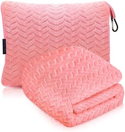 51RkkALNPuL._AC_.jpg Travel Blanket and Pillow – Ultra Soft Lightweight Compact Blanket for Airplane, Car, Bus, Travel – Portable Cozy Fleece for Men, Women, and Kids – Pink, 42" x 68"
