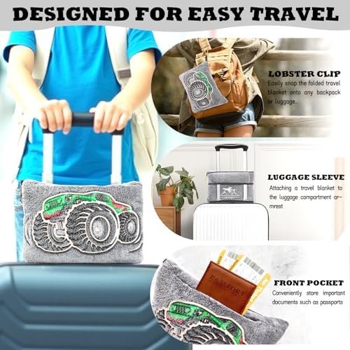 HWING Truck Travel Blanket Pillow - Glow in The Dark Kids Travel Blanket Airplane Compact with Bag - Boys Trucks Toys Gifts, Airplane Blanket for Long Flights, Outdoor, Car, Camping 40"*60"