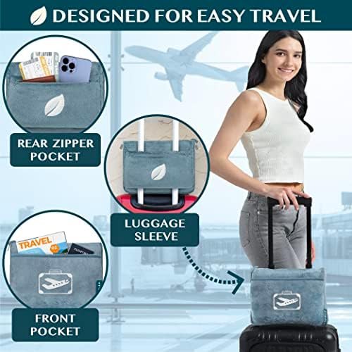 51Z5MPulyaL._AC_.jpg PAVILIA Travel Blanket Pillow in Soft Bag with Pockets, Airplane Blanket Set, Plane Blanket Compact Packable, Flight Essentials Car Pillow, Travelers Accessories Gifts, Luggage Strap, Dusty Light Blue