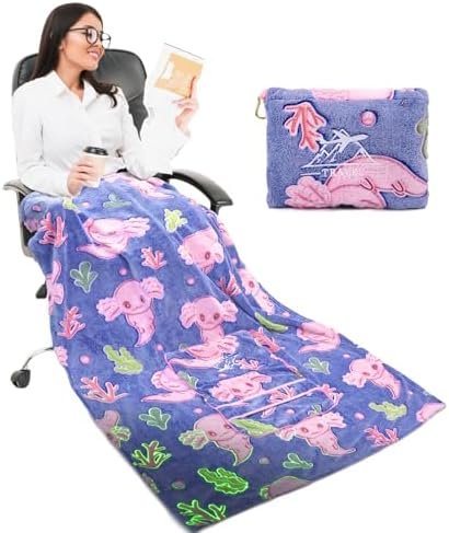 51Z6XXtk4oL._AC_.jpg Axolotl Blanket for Airplane Travel - Glow in The Dark Kids Travel Blanket Pillow Set for Plane, Car - Axolotl Gifts Toys for Girls, Small Soft Purple Fleece Throw for Teens Girls 40" x 60"
