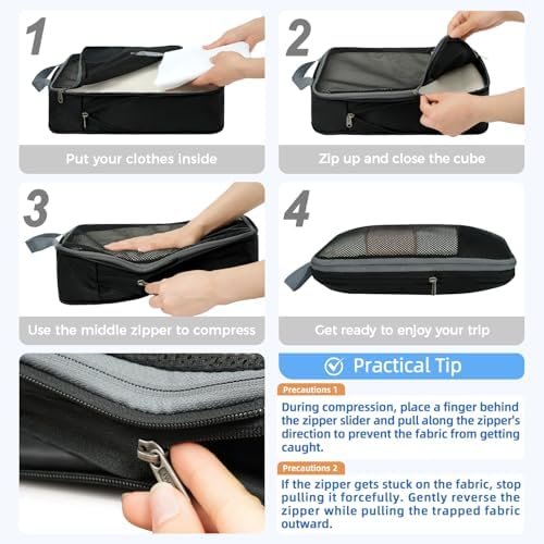 51cHqpz3jvL._AC_.jpg BAGAIL 4 Set/6 Set/8 Set Compression Packing Cubes Travel Accessories Expandable Packing Organizers (Half Mesh, 6-Black)